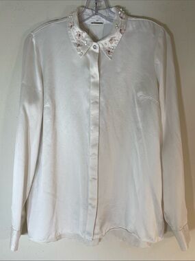 Elie Tahari Pure Silk Shirt with Detachable Pearl & Floral Embellished Collar. M